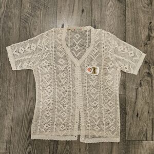 Vintage 100% Silk Cream Cottagecore Crochet Short Sleev Top/Button Down Cardigan